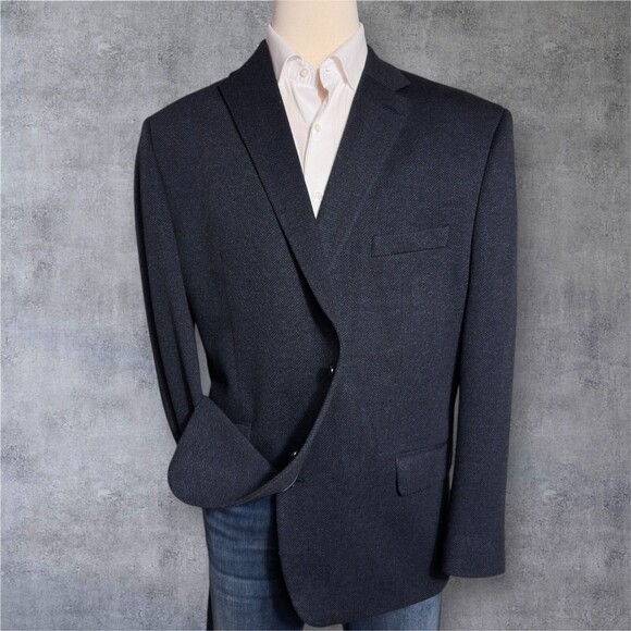 MICHAEL KORS Men’s Blazer 48L Navy Blue Herringbone Sport Coat Two Button Jacket - Picture 1 of 12